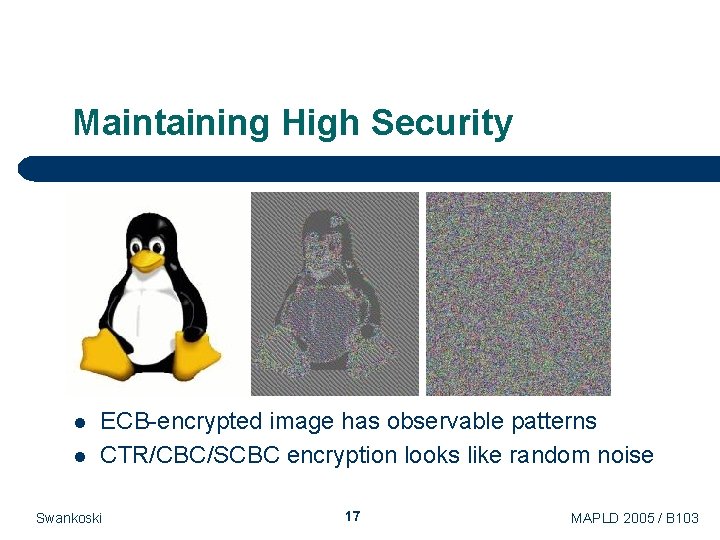 Maintaining High Security l l ECB-encrypted image has observable patterns CTR/CBC/SCBC encryption looks like Maintaining High Security l l ECB-encrypted image has observable patterns CTR/CBC/SCBC encryption looks like