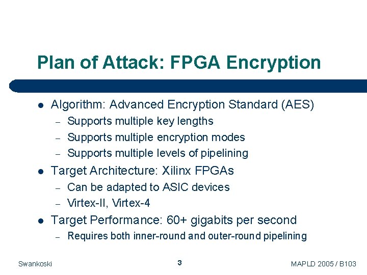 Plan of Attack: FPGA Encryption l Algorithm: Advanced Encryption Standard (AES) – – – Plan of Attack: FPGA Encryption l Algorithm: Advanced Encryption Standard (AES) – – –