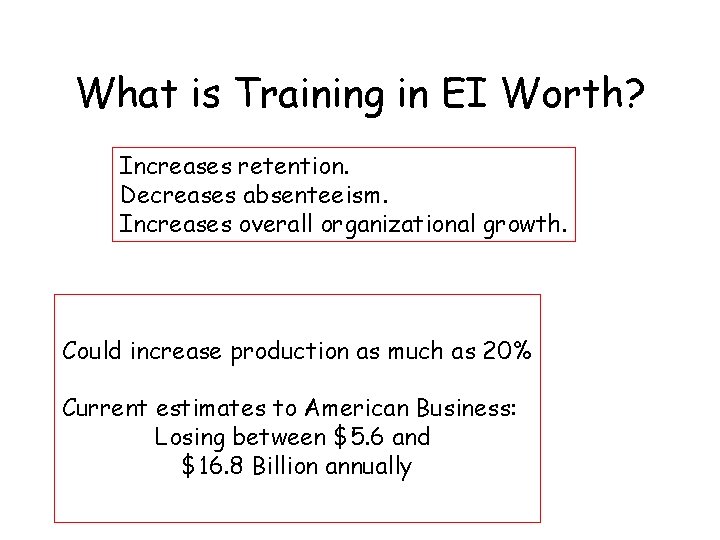 What is Training in EI Worth? Increases retention. Decreases absenteeism. Increases overall organizational growth.