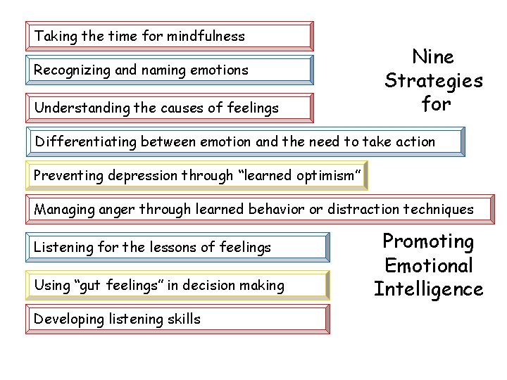 Taking the time for mindfulness Recognizing and naming emotions Understanding the causes of feelings