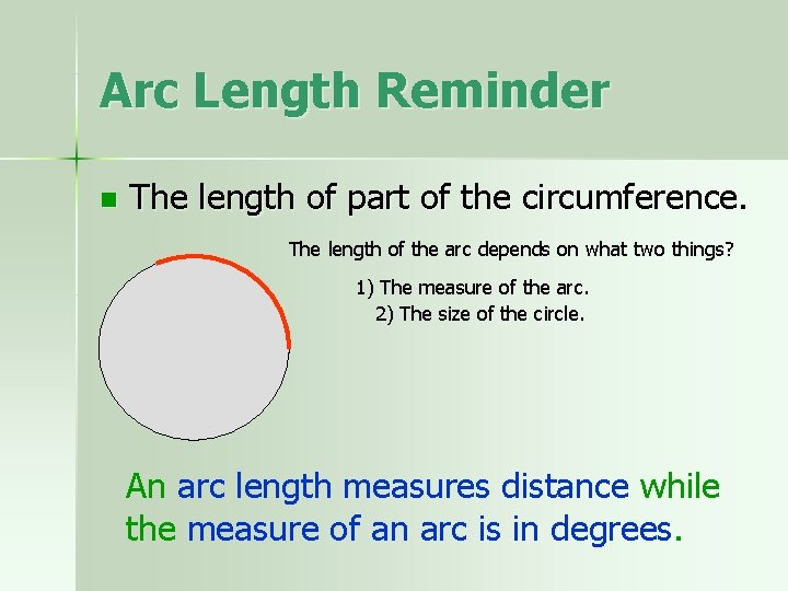 Arc Length Reminder n The length of part of the circumference. The length of