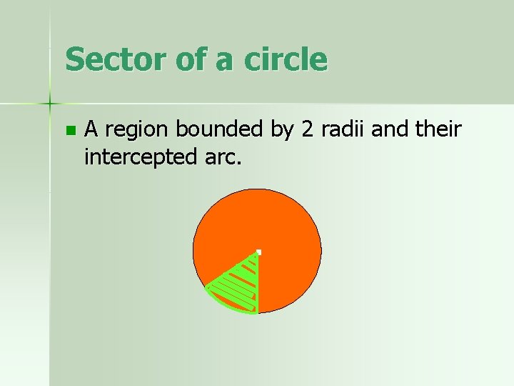 Sector of a circle n A region bounded by 2 radii and their intercepted