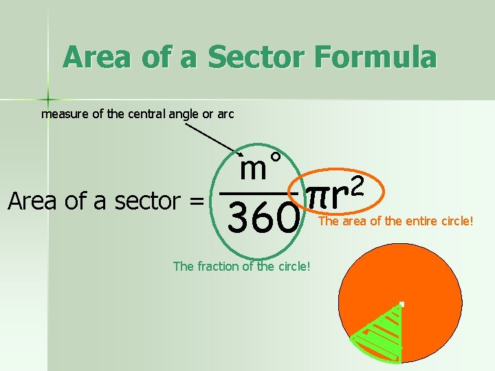 Area of a Sector Formula measure of the central angle or arc Area of