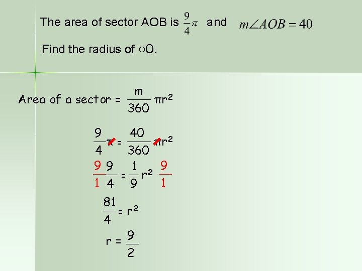 The area of sector AOB is Find the radius of ○O. m Area of