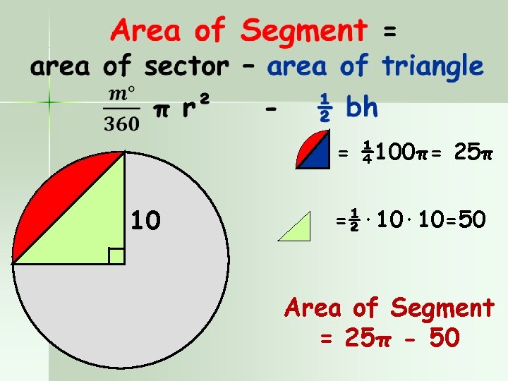  = ¼ 100π= 25π 10 =½∙ 10=50 Area of Segment = 25π -