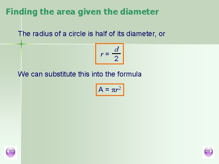 Finding the area given the diameter The radius of a circle is half of