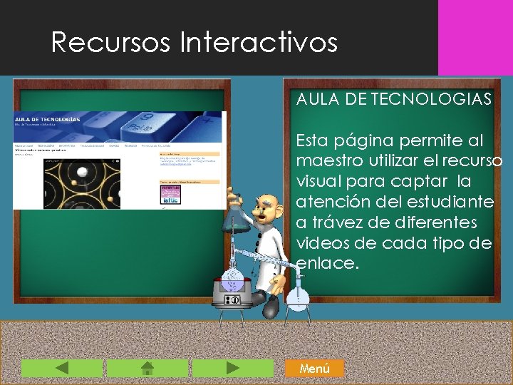 Recursos Interactivos AULA DE TECNOLOGIAS Esta página permite al maestro utilizar el recurso visual