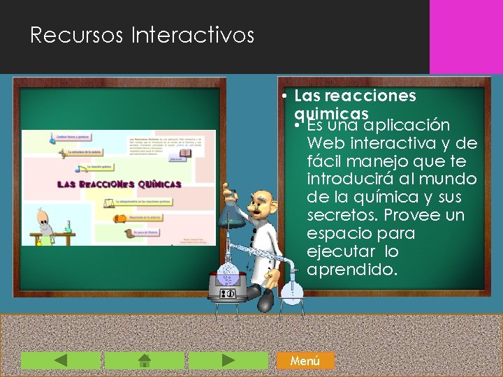 Recursos Interactivos • Las reacciones quimicas • Es una aplicación Web interactiva y de