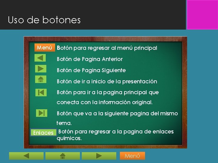 Uso de botones Menú Botón para regresar al menú principal Botón de Pagina Anterior