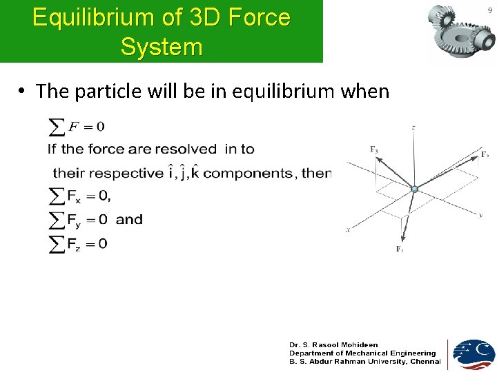 Equilibrium of 3 D Force System • The particle will be in equilibrium when Equilibrium of 3 D Force System • The particle will be in equilibrium when