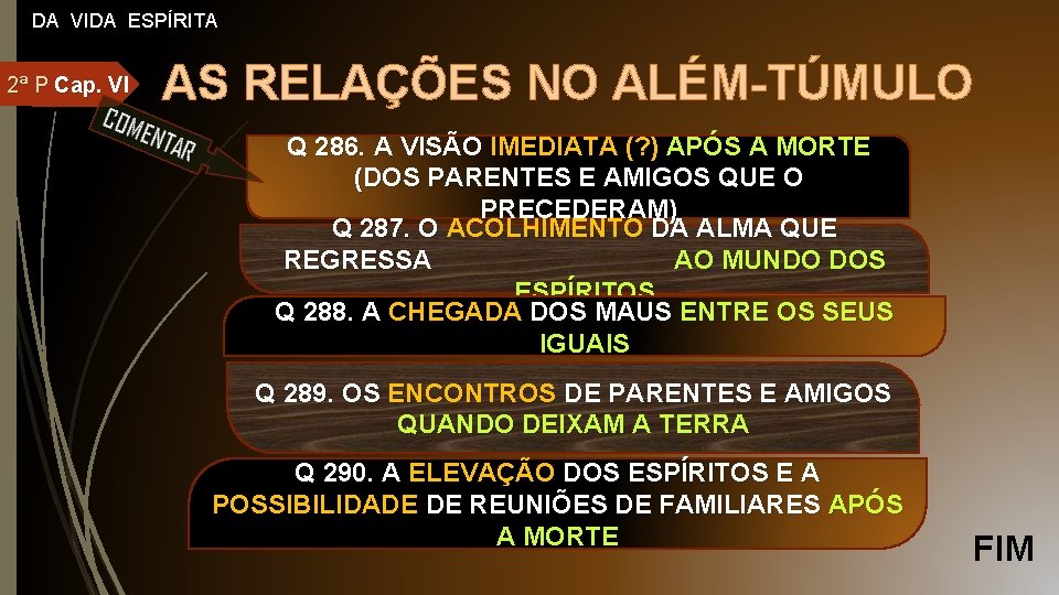 DA VIDA ESPÍRITA 2ª P Cap. VI AS RELAÇÕES NO ALÉM-TÚMULO Q 286. A