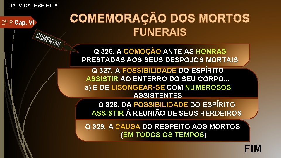 DA VIDA ESPÍRITA 2ª P Cap. VI COMEMORAÇÃO DOS MORTOS FUNERAIS Q 326. A