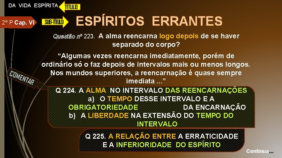 DA VIDA ESPÍRITA 2ª P Cap. VI ESPÍRITOS ERRANTES Questão nº 223. A alma