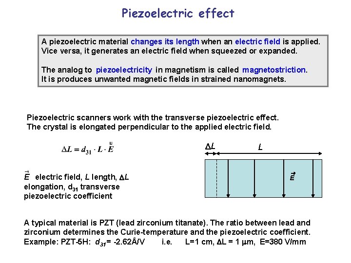 Piezoelectric effect A piezoelectric material changes its length when an electric field is applied.