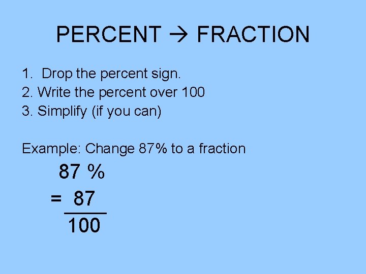 PERCENT FRACTION 1. Drop the percent sign. 2. Write the percent over 100 3.