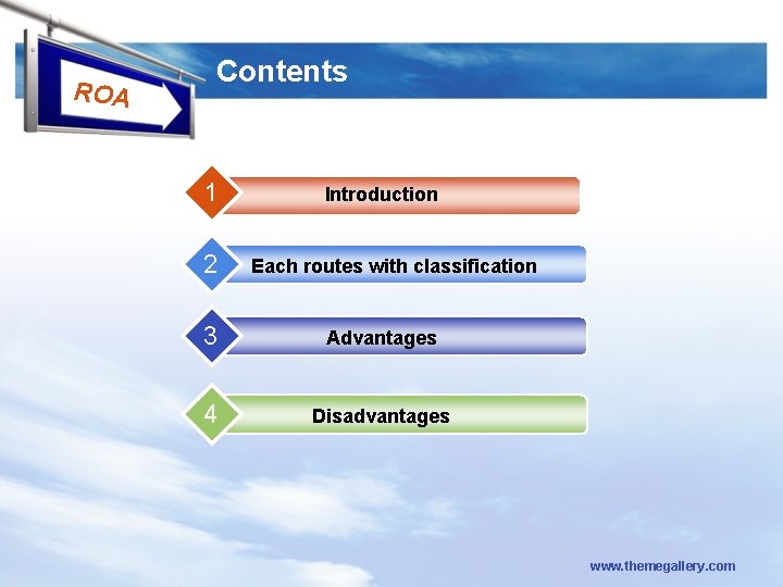 ROA Contents 1 2 Introduction Each routes with classification 3 Advantages 4 Disadvantages www.