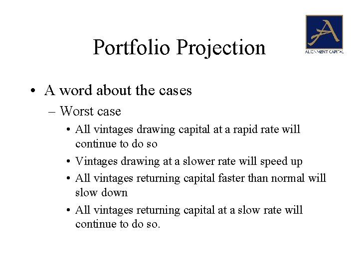 Portfolio Projection • A word about the cases – Worst case • All vintages