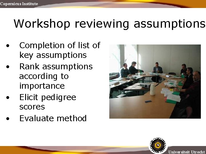 Copernicus Institute Workshop reviewing assumptions • • Completion of list of key assumptions Rank