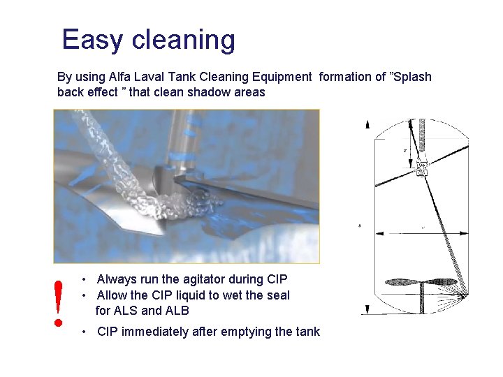 Easy cleaning By using Alfa Laval Tank Cleaning Equipment formation of ”Splash back effect Easy cleaning By using Alfa Laval Tank Cleaning Equipment formation of ”Splash back effect