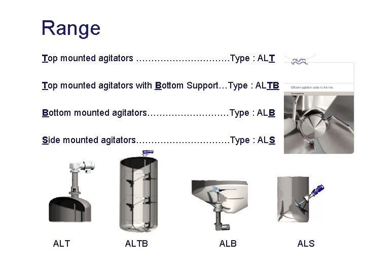 Range Top mounted agitators ……………. Type : ALT Top mounted agitators with Bottom Support…Type