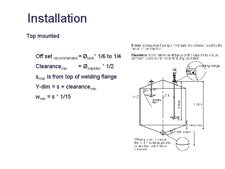 Installation Top mounted Off set recommended = Øtank* 1/6 to 1/4 Clearancemin = Øimpeller