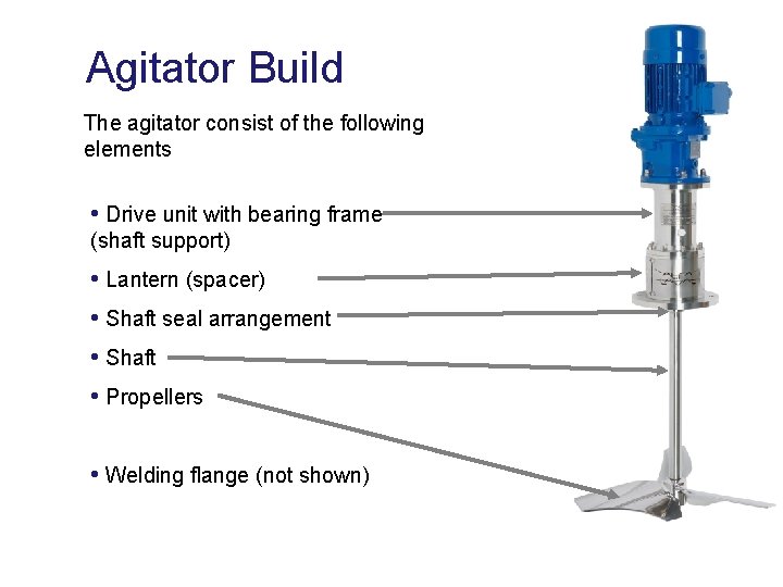 Agitator Build The agitator consist of the following elements • Drive unit with bearing