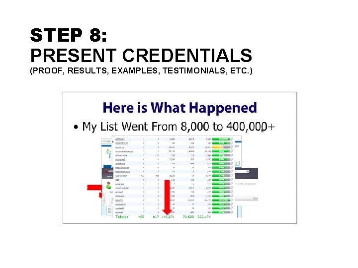 STEP 8: PRESENT CREDENTIALS (PROOF, RESULTS, EXAMPLES, TESTIMONIALS, ETC. ) 
