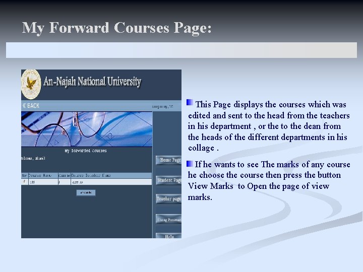 My Forward Courses Page: This Page displays the courses which was edited and sent