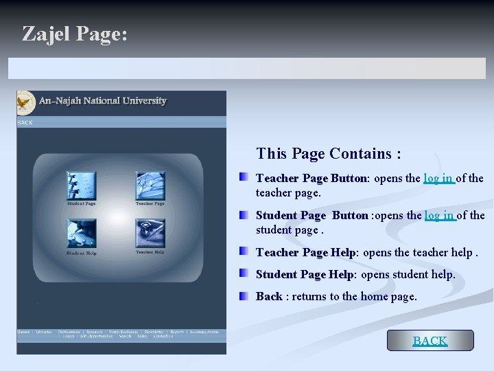 Zajel Page: This Page Contains : Teacher Page Button: opens the log in of
