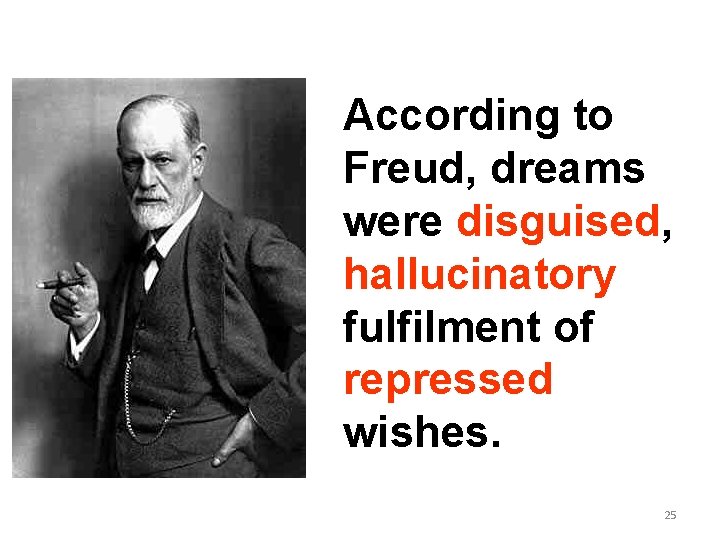 According to Freud, dreams were disguised, hallucinatory fulfilment of repressed wishes. 25 