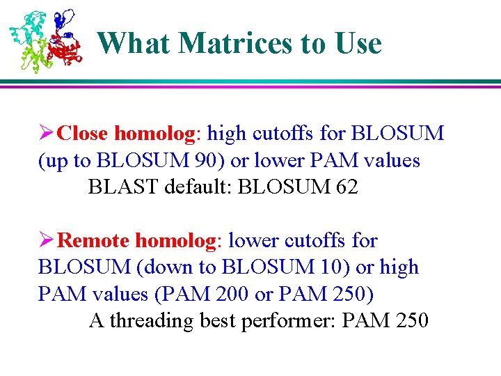 What Matrices to Use ØClose homolog: high cutoffs for BLOSUM (up to BLOSUM 90)