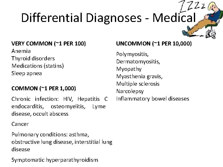 Differential Diagnoses - Medical VERY COMMON (~1 PER 100) Anemia Thyroid disorders Medications (statins)
