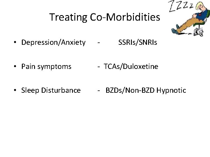 Treating Co-Morbidities • Depression/Anxiety - SSRIs/SNRIs • Pain symptoms - TCAs/Duloxetine • Sleep Disturbance