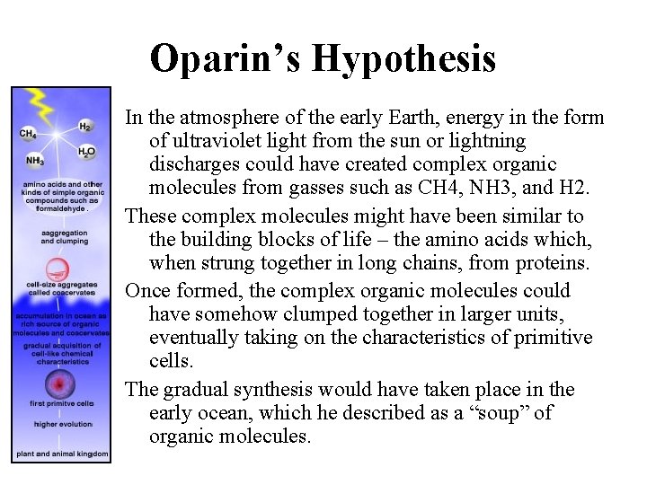 Oparin’s Hypothesis In the atmosphere of the early Earth, energy in the form of