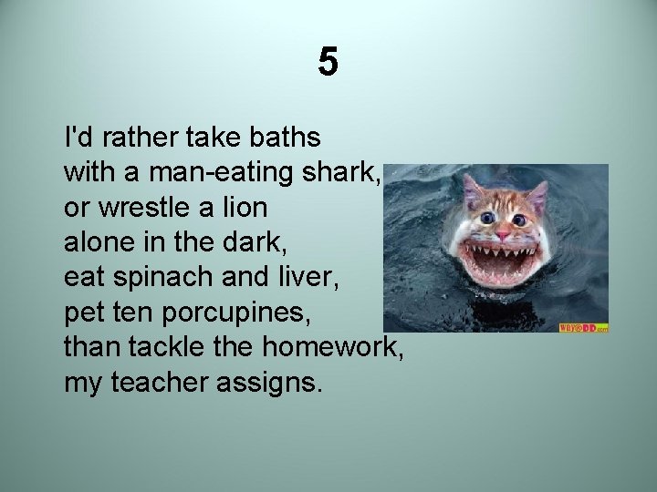 5 I'd rather take baths with a man-eating shark, or wrestle a lion alone