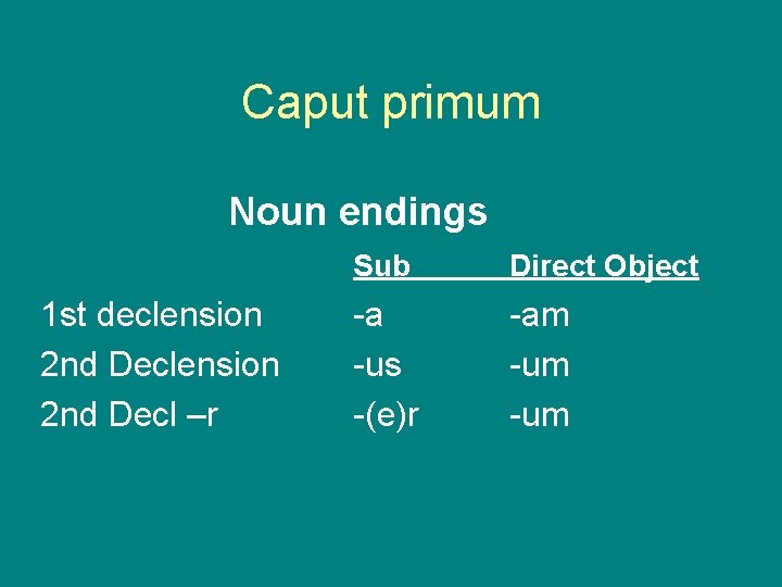 Caput primum Noun endings 1 st declension 2 nd Decl –r Sub Direct Object