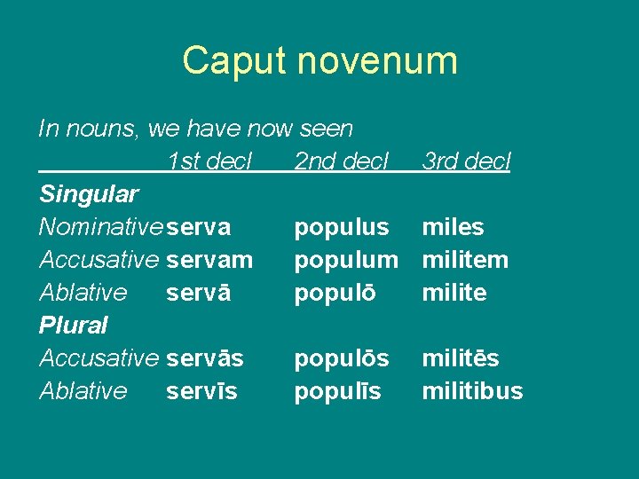 Caput novenum In nouns, we have now seen 1 st decl 2 nd decl