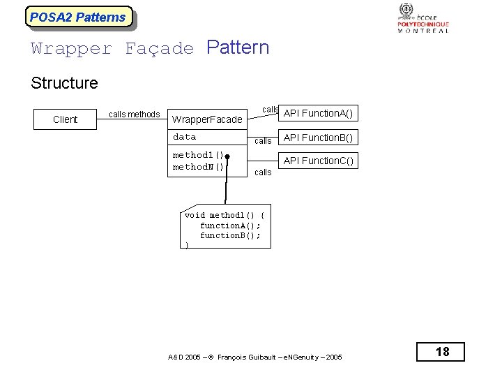 POSA 2 Patterns Wrapper Façade Pattern Structure Client calls methods calls Wrapper. Facade data