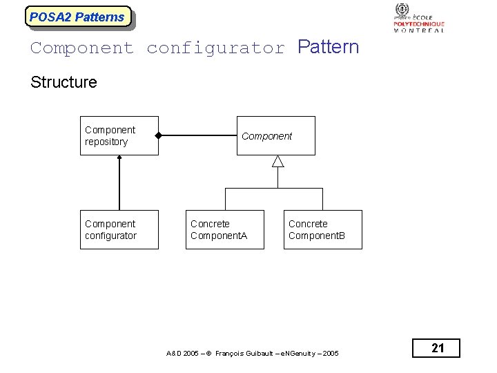 POSA 2 Patterns Component configurator Pattern Structure Component repository Component configurator Component Concrete Component.