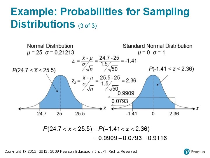 Example: Probabilities for Sampling Distributions (3 of 3) Copyright © 2015, 2012, 2009 Pearson