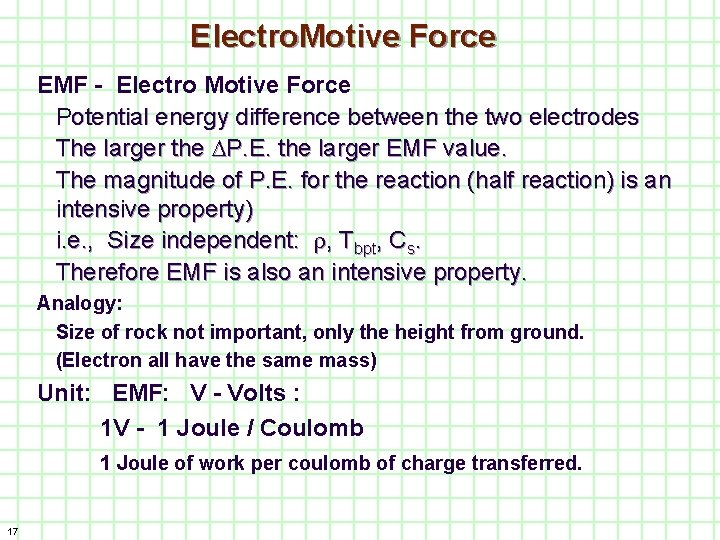 Electro. Motive Force EMF - Electro Motive Force Potential energy difference between the two