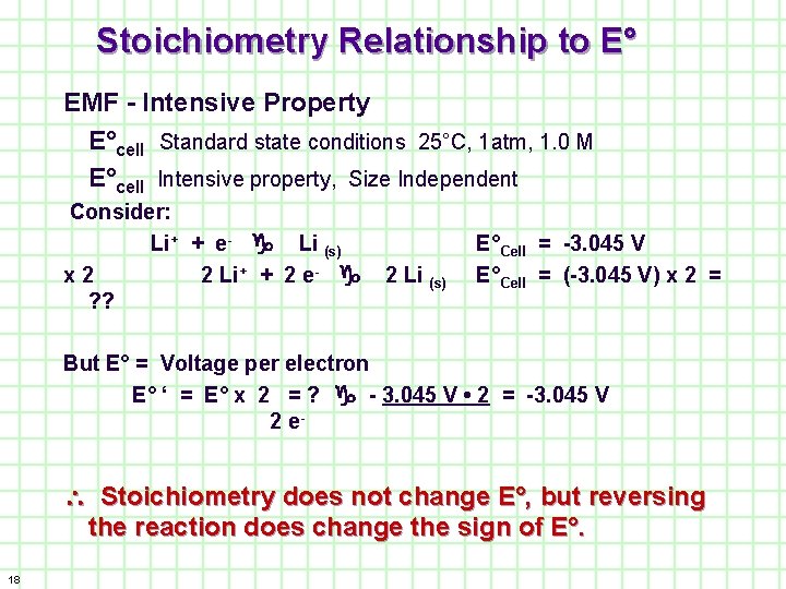 Stoichiometry Relationship to E° EMF - Intensive Property E°cell Standard state conditions 25°C, 1