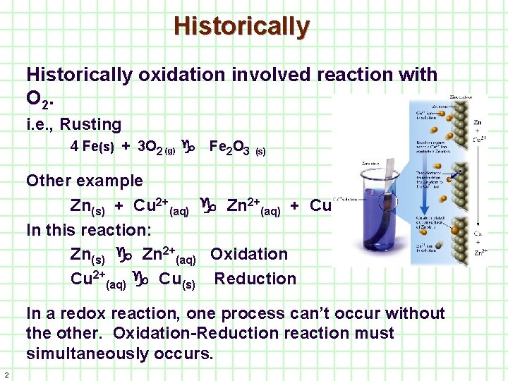 Historically oxidation involved reaction with O 2. i. e. , Rusting 4 Fe(s) +