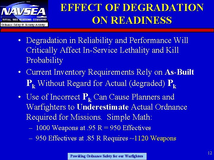 Ordnance Safety & Security Activity EFFECT OF DEGRADATION ON READINESS • Degradation in Reliability