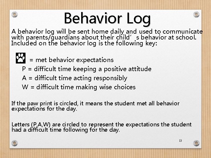 Behavior Log A behavior log will be sent home daily and used to communicate