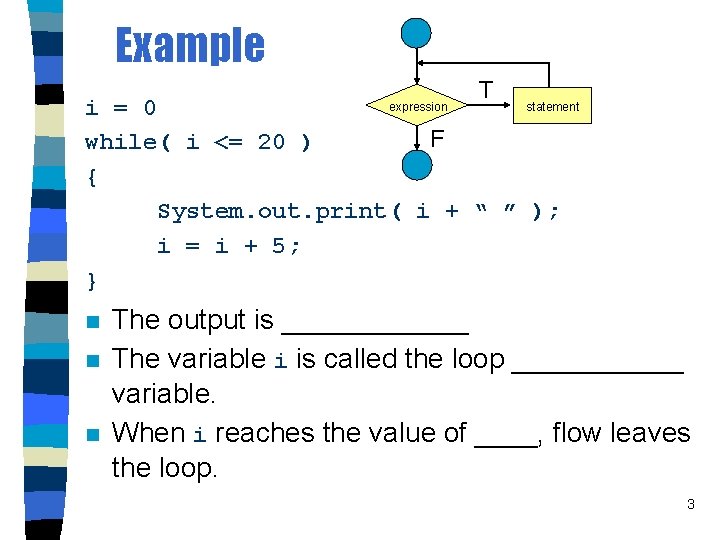 Example T statement i = 0 F while( i <= 20 ) { System.