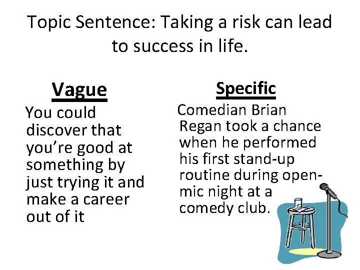 Topic Sentence: Taking a risk can lead to success in life. Vague You could Topic Sentence: Taking a risk can lead to success in life. Vague You could