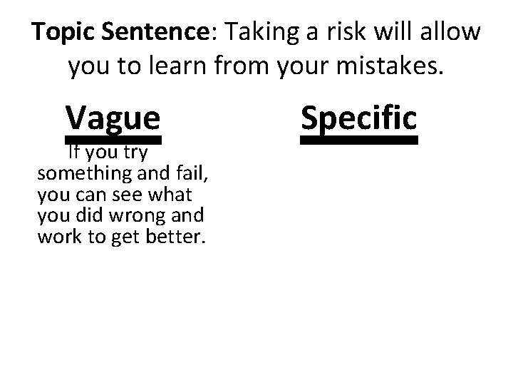 Topic Sentence: Taking a risk will allow you to learn from your mistakes. Vague Topic Sentence: Taking a risk will allow you to learn from your mistakes. Vague