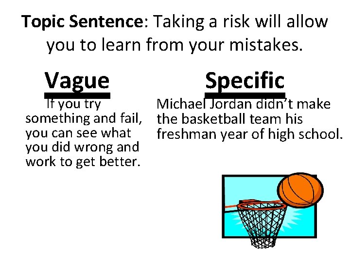 Topic Sentence: Taking a risk will allow you to learn from your mistakes. Vague Topic Sentence: Taking a risk will allow you to learn from your mistakes. Vague