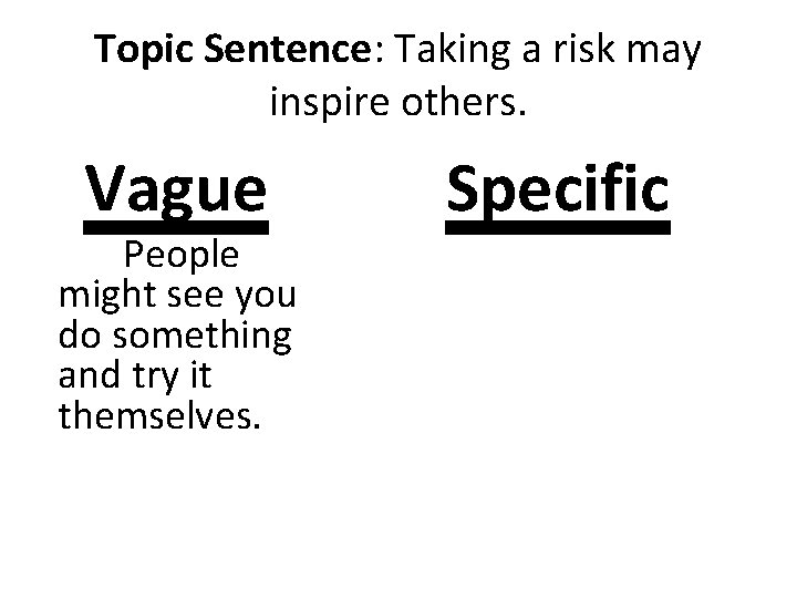 Topic Sentence: Taking a risk may inspire others. Vague People might see you do Topic Sentence: Taking a risk may inspire others. Vague People might see you do